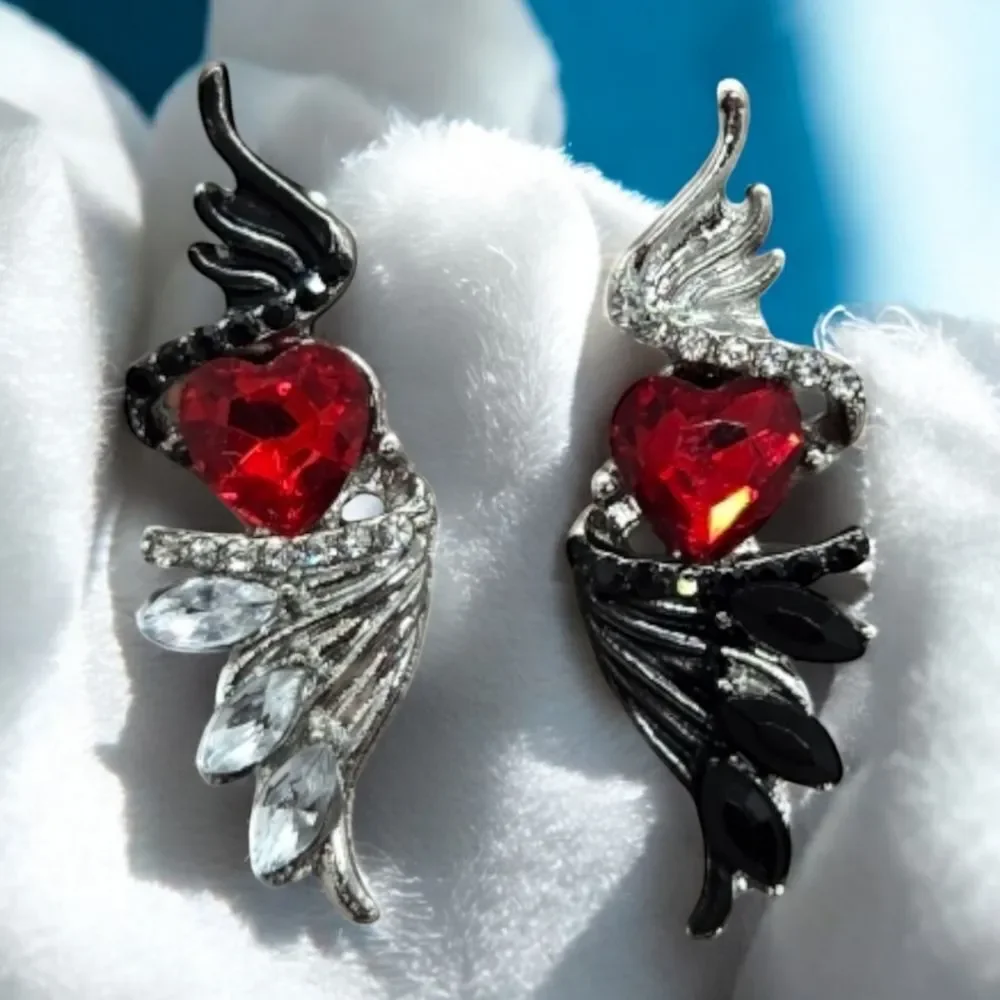 Gothic Winged Red Heart Earrings Silver Angel Wings Edgy Baddie Goth Jewelry NWT